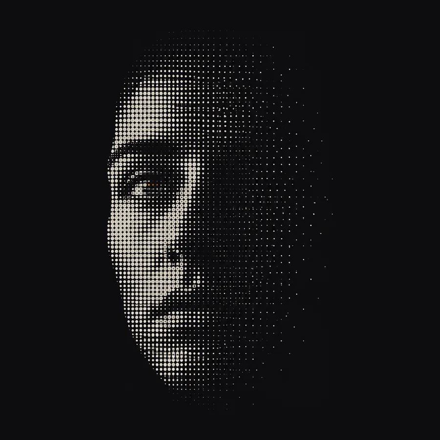 A face redrawn live as halftone dots in the DitherCam viewfinder