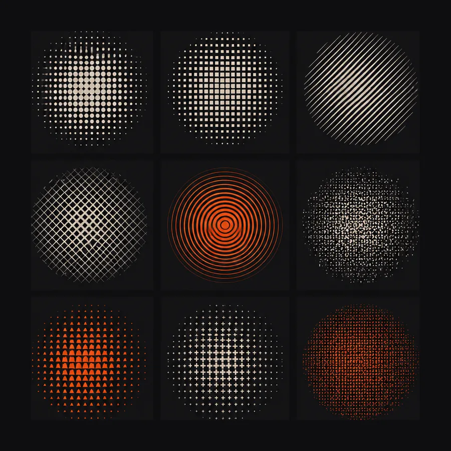 Nine dither and halftone pattern variants of the same circle
