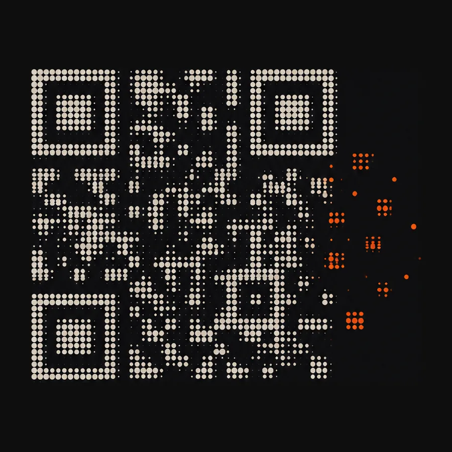 A QR code drawn in halftone dots, scattering at one edge