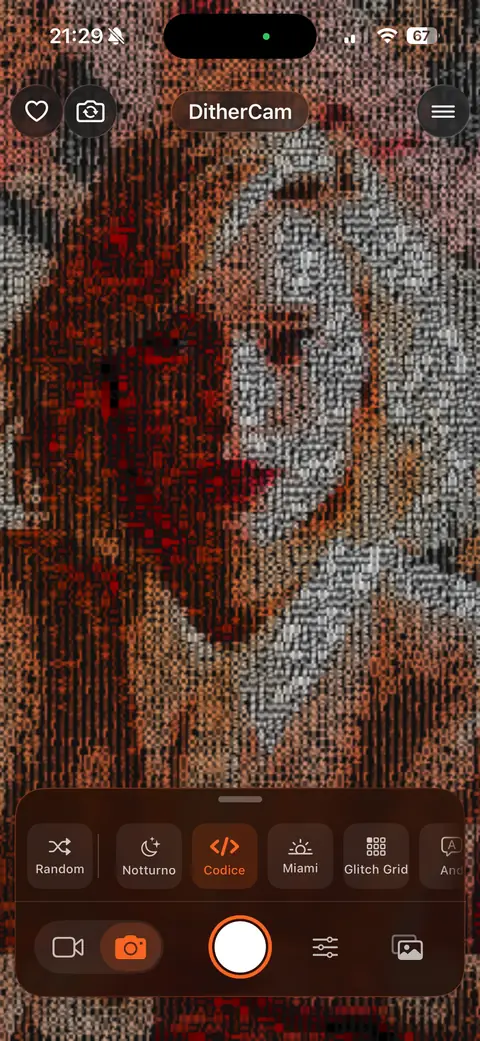 The frame redrawn as characters of code