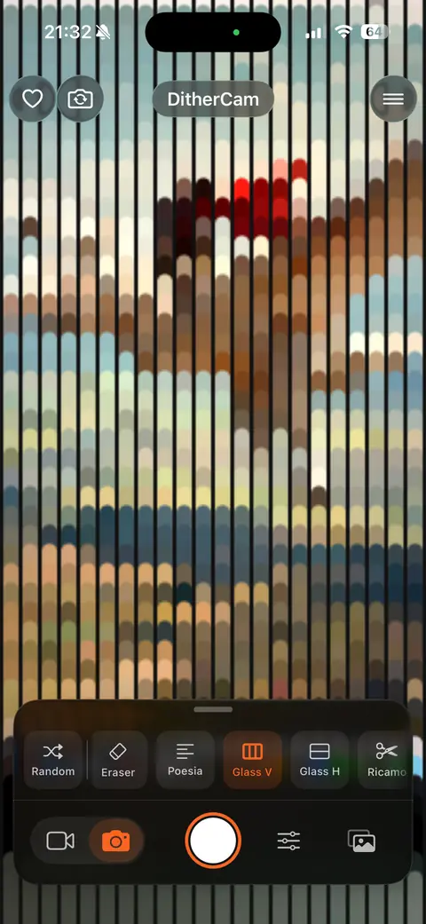 Vertical liquid-glass stripes over the image